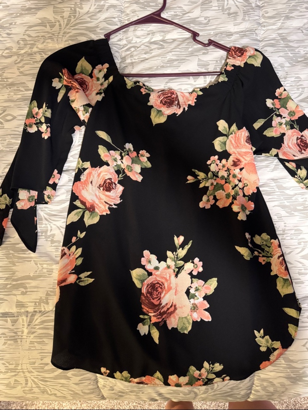 Black Floral Scoop-Neck Blouse with Pink Rose Print